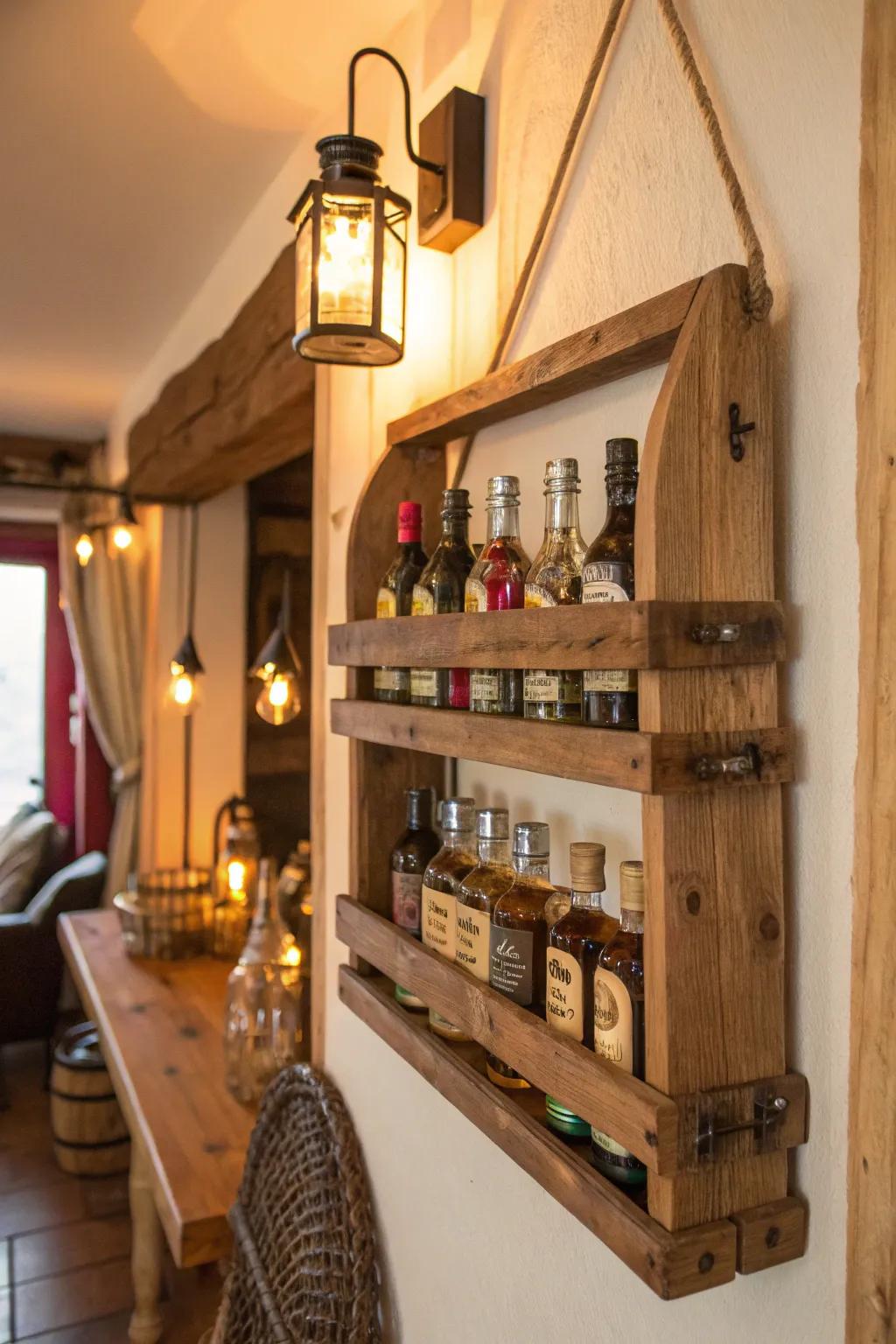 A rustic timber rack delivering an enchanting abode for miniature liquor bottles.