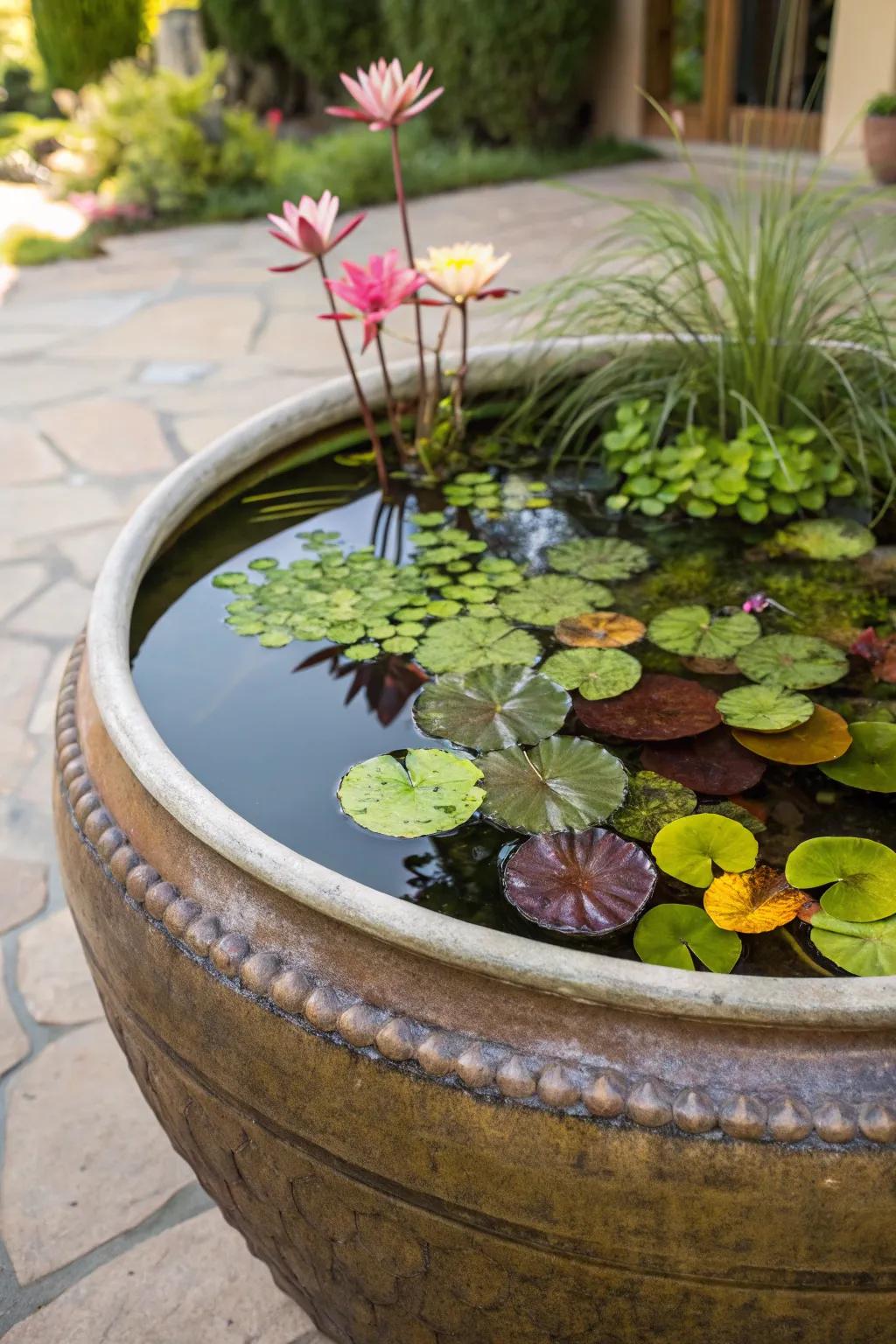 A ceramic can turned into a charming mini pond.