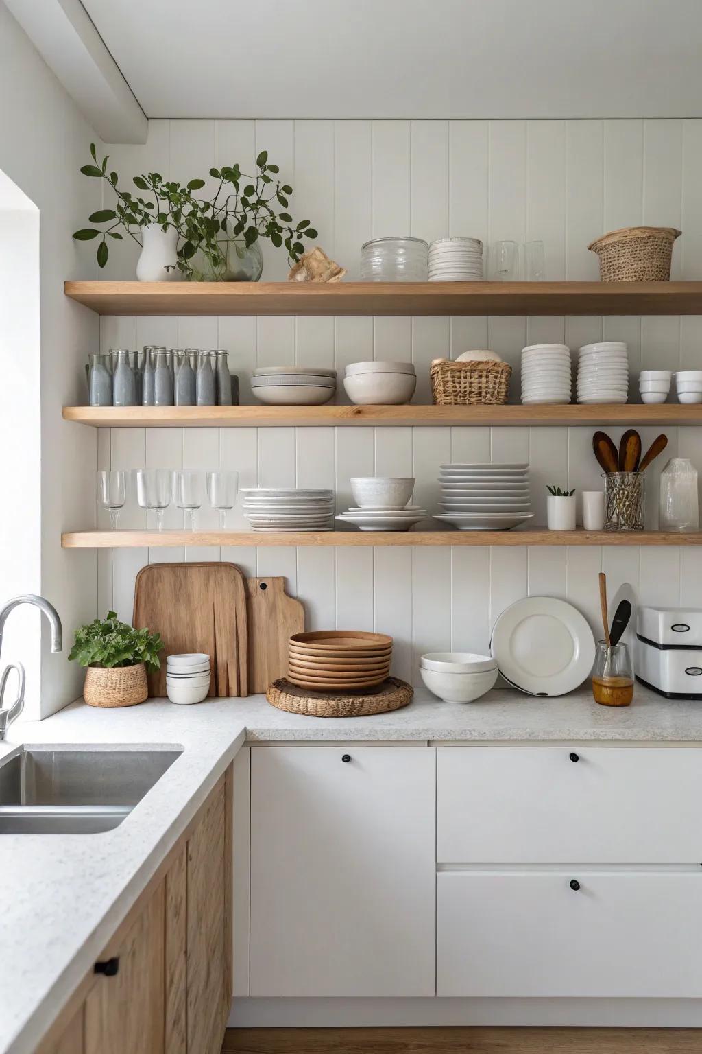 Display shelves in a minimalist kitchen, highlighting simplicity and elegance.