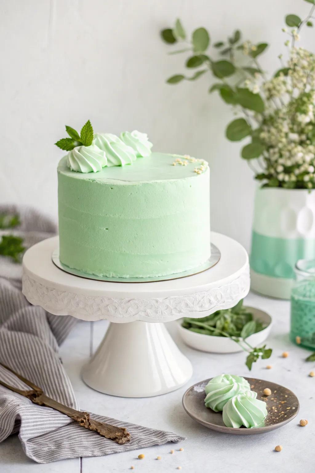 A minimalist mint green cake, distinguished by its smooth buttercream application.