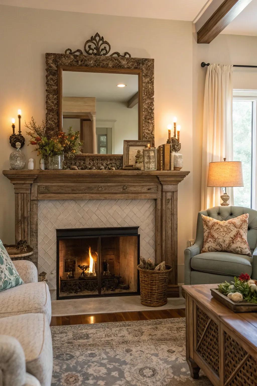 A fireplace mirror amplifies the cozy atmosphere of the living room.