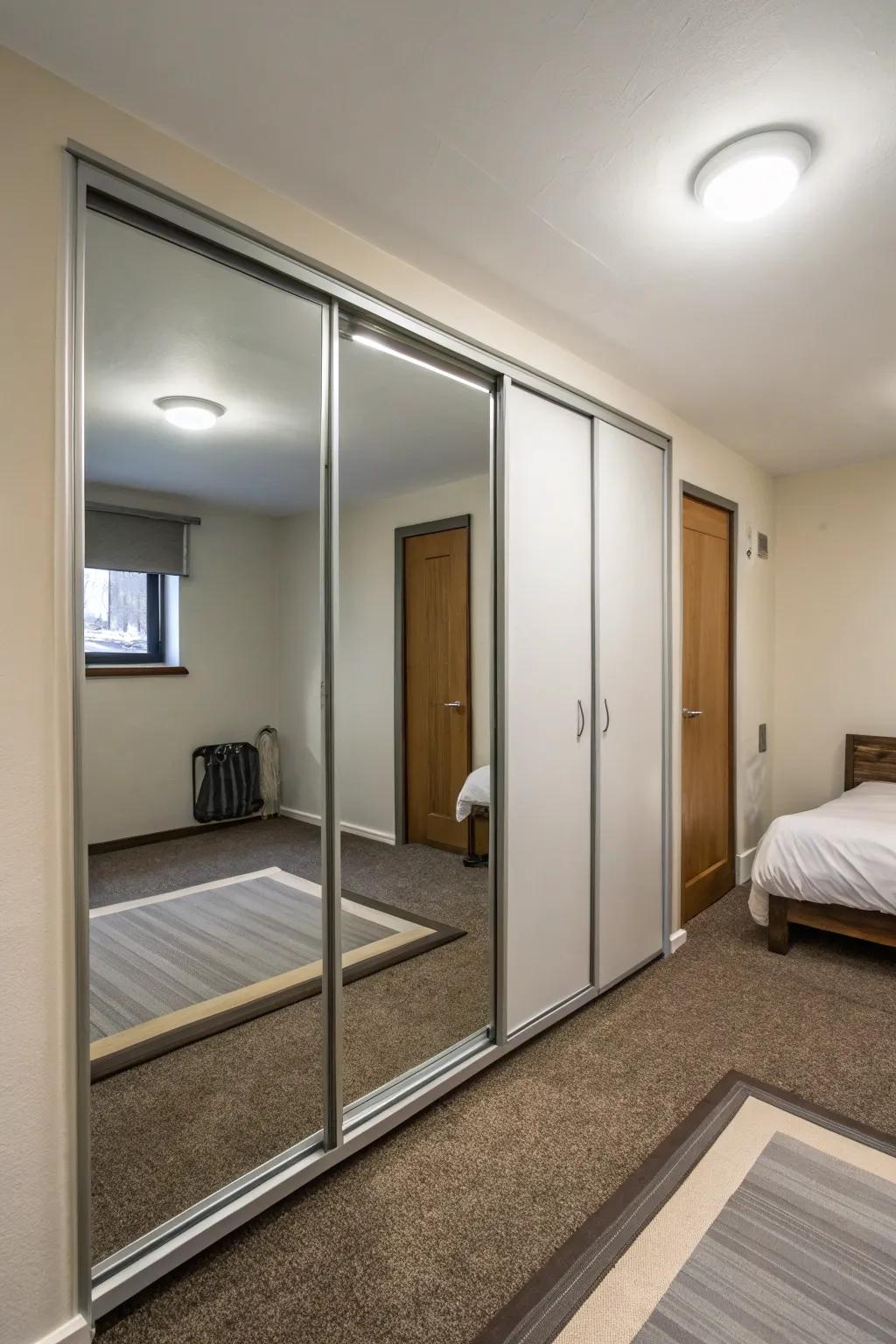 Sliding mirrored doors offer space-conserving solutions.