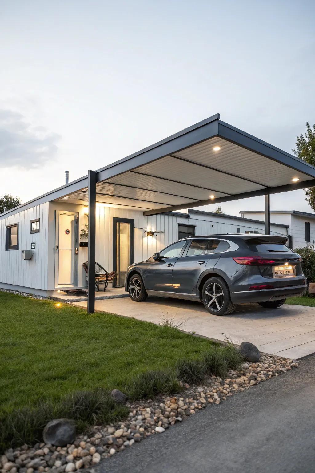 A functional car shelter that blends effortlessly with the home’s architecture.