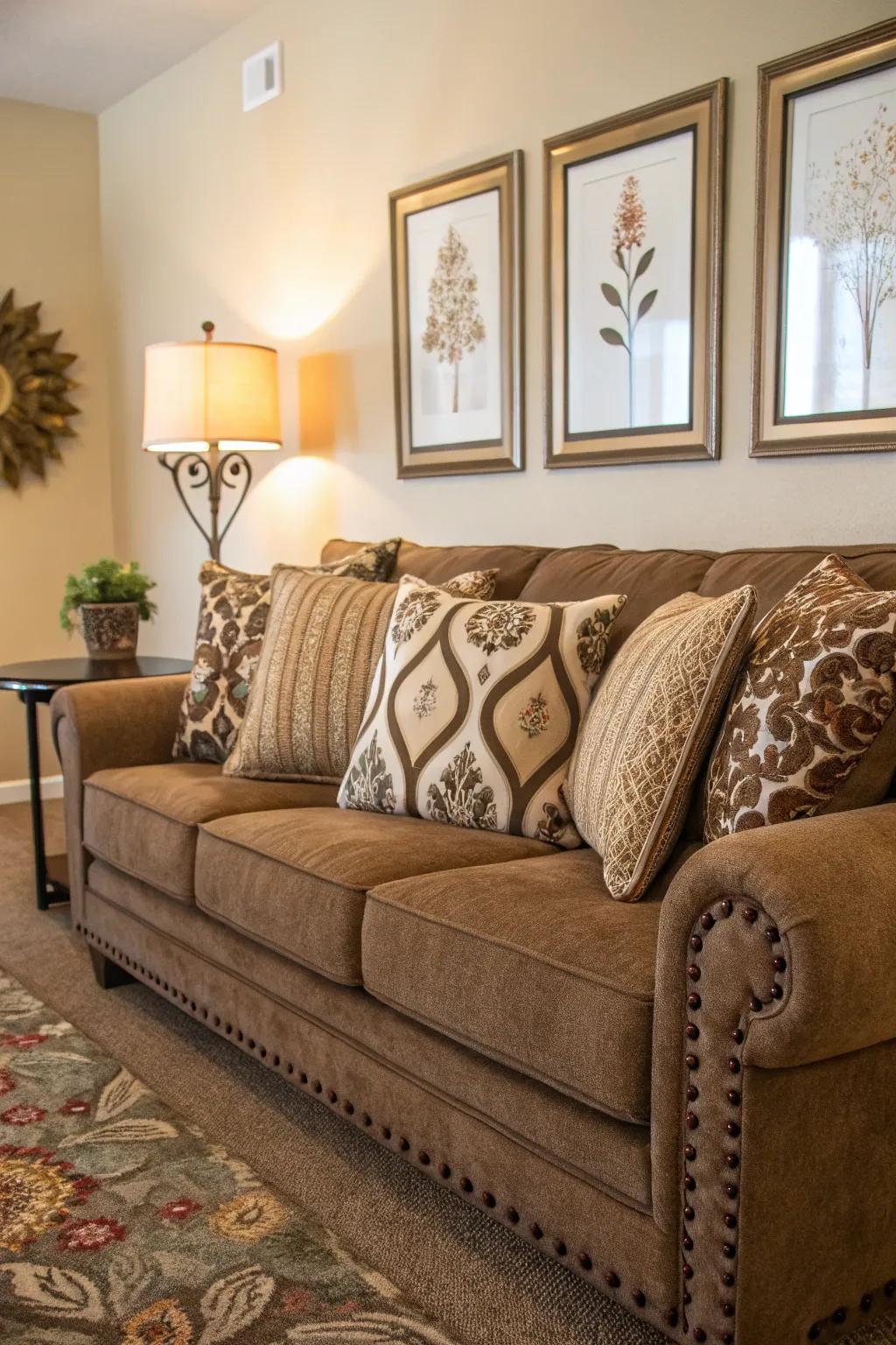 Stylish ornaments bring personality to the cacao sofa area.