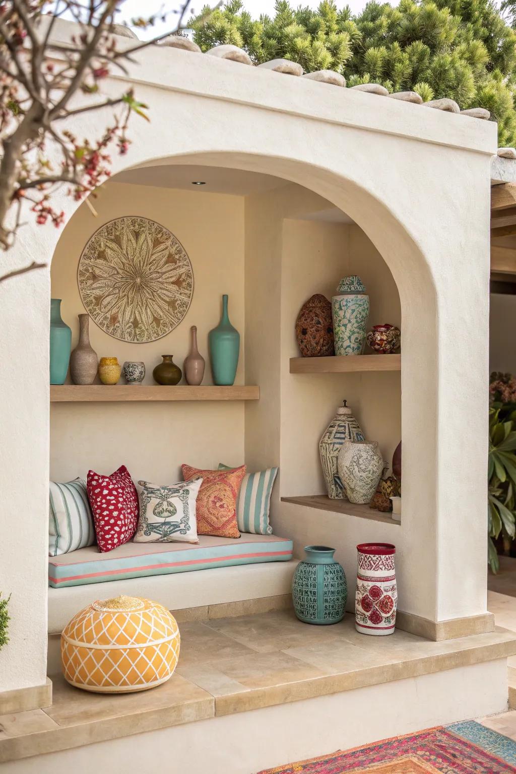 Introduce a burst of vibrancy to your soft-toned alcove for a modern spin.