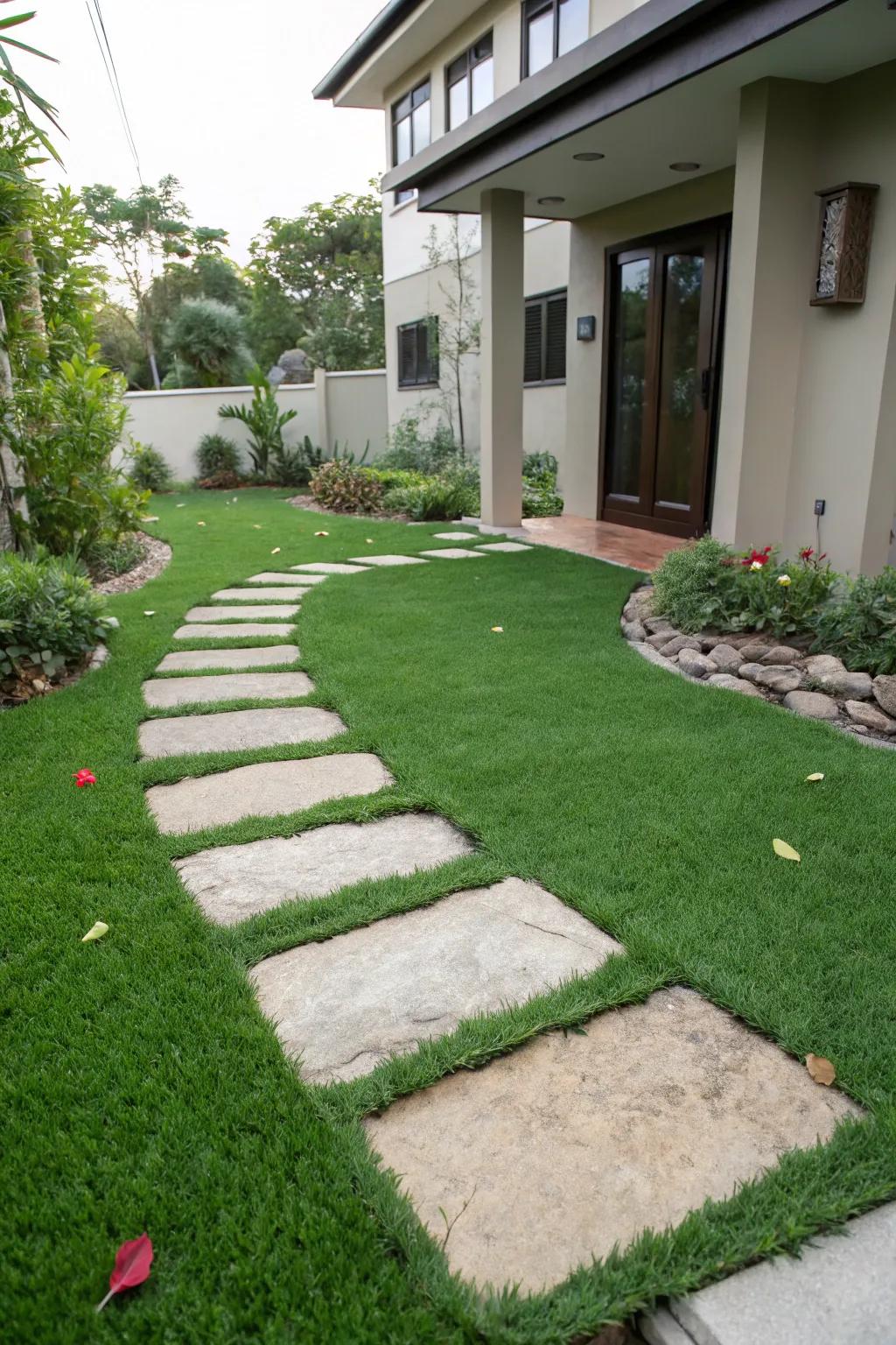 Charming stepping stones create a whimsical path through the artificial grass.