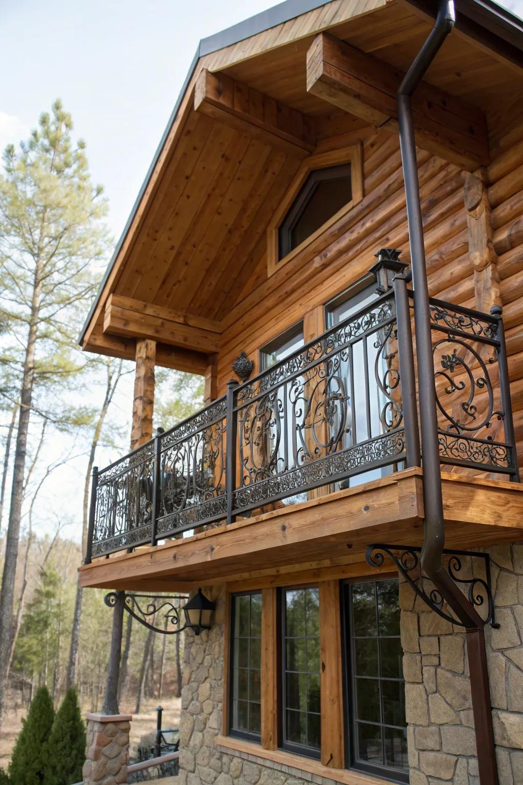 Rustic wood and iron balcony railing on a cabin-style home