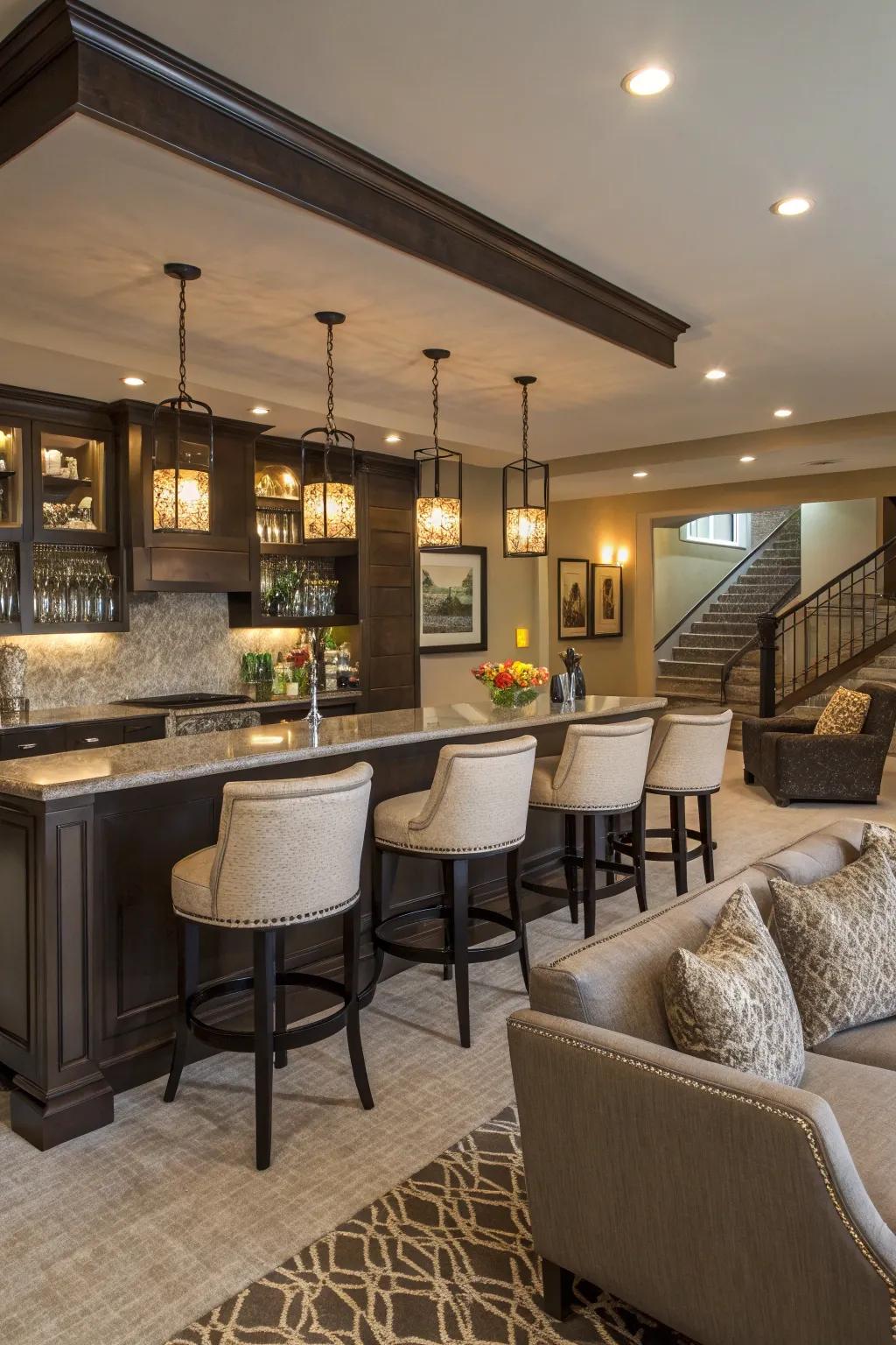 Cozy and fashionable bar chairs complete this contemporary bar.