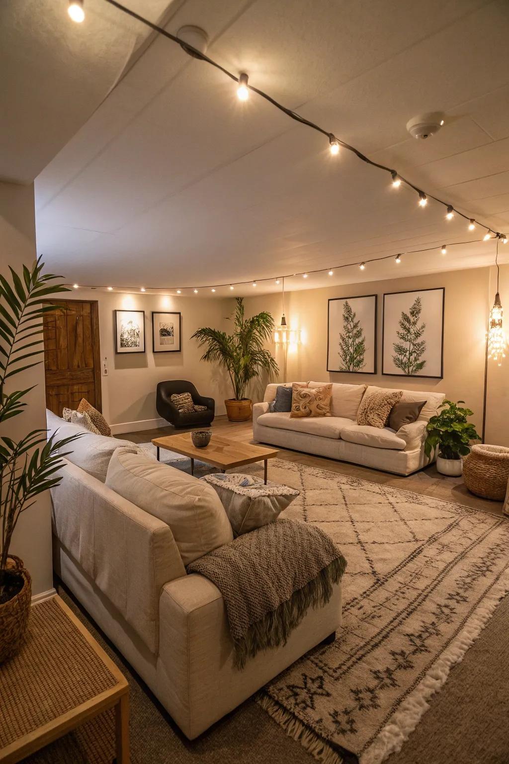 Background lighting bathes the lounging space in warmth and comfort.