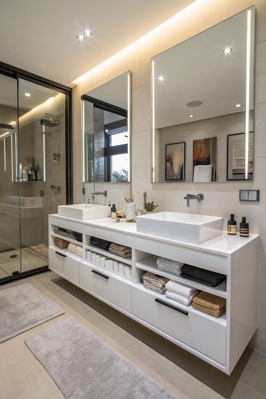 A modern floating vanity provides a chic, orderly look.