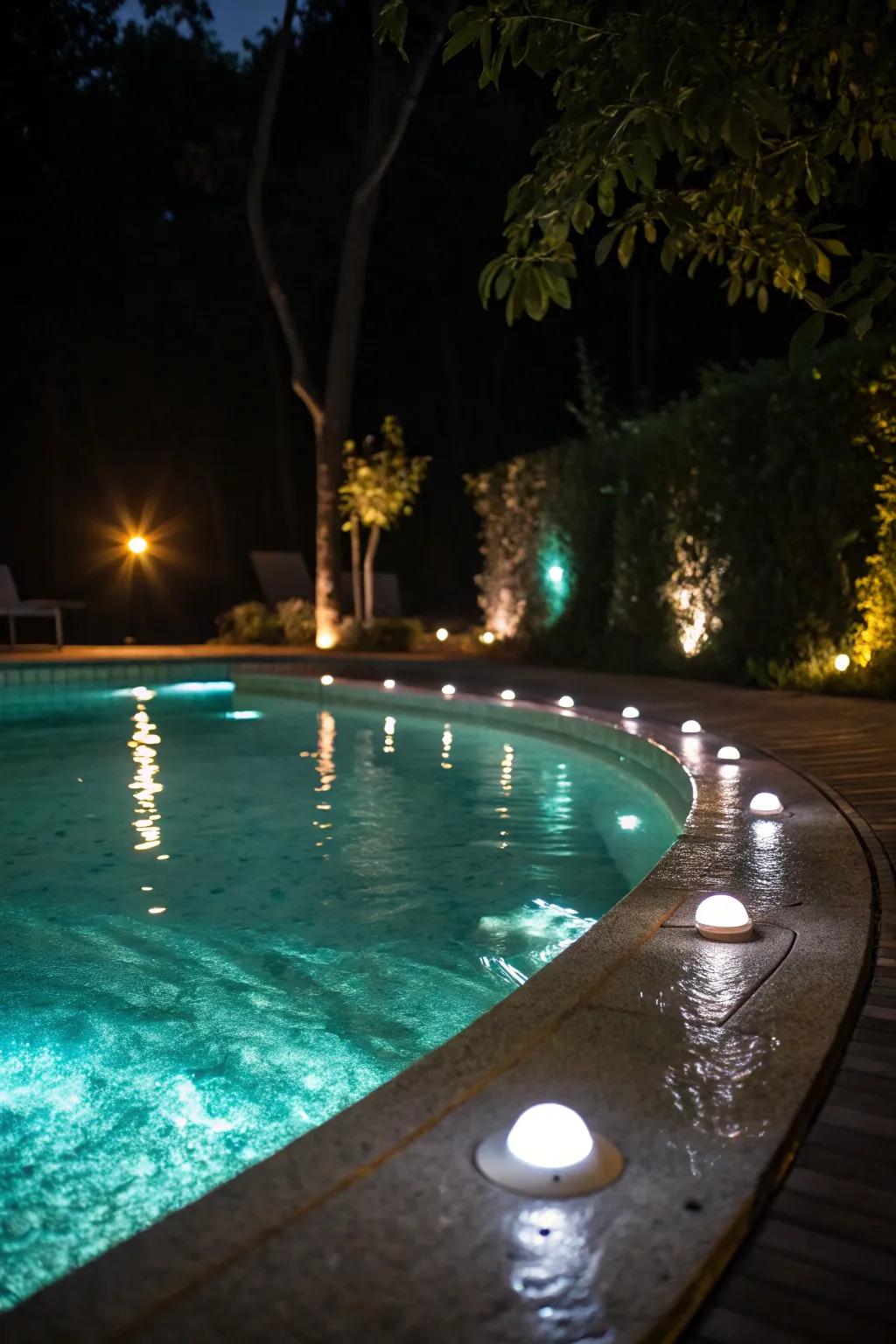 LED lights transform your pool into a dreamy nighttime refuge.