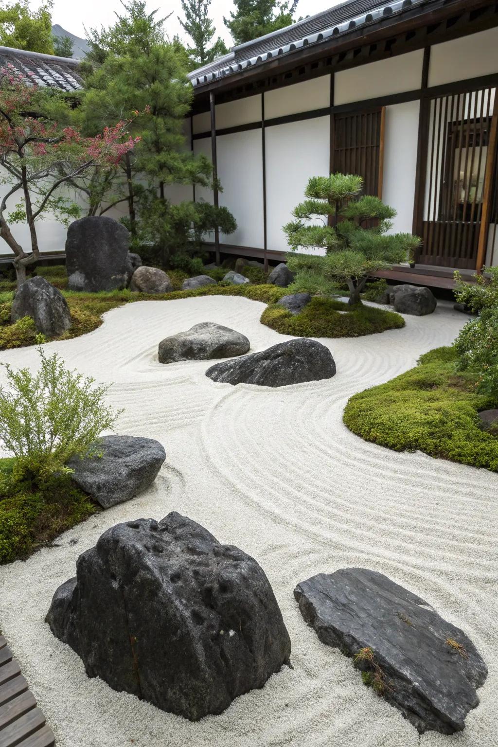 A calming Zen garden with black rocks and sand.