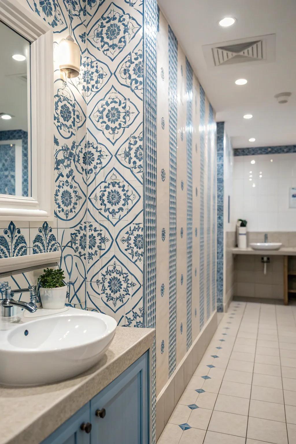 Patterned azure wall adornments introduce depth and personality to this cultured bathroom.