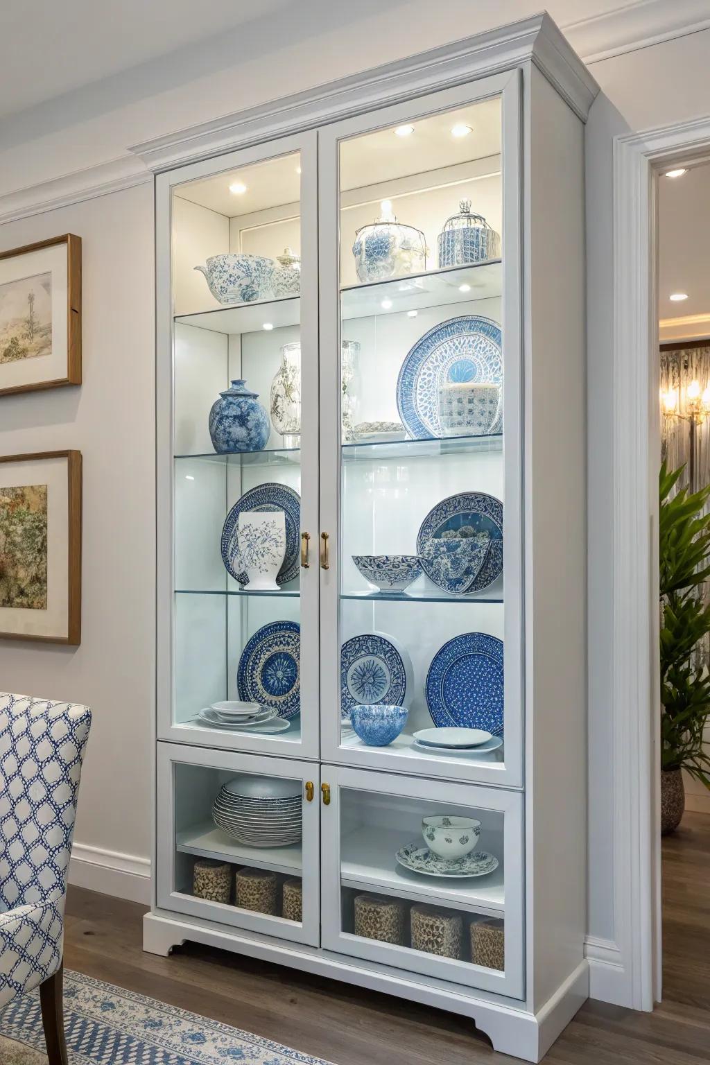 Cohesive color story in a modern china cabinet.