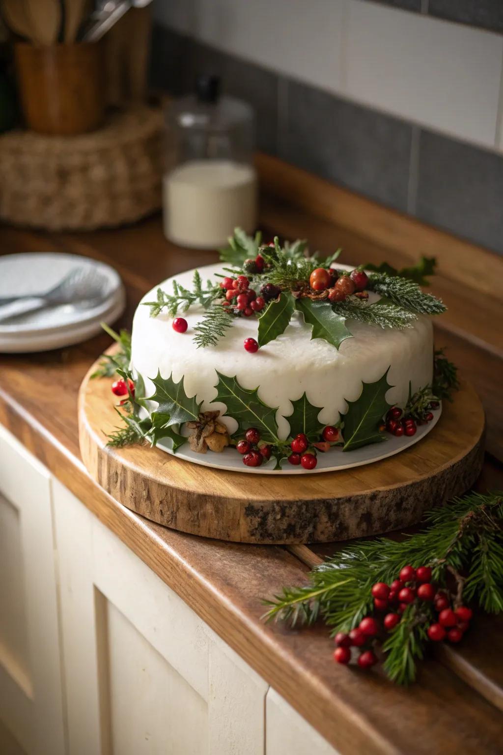 A yuletide cake featuring country greens and holly