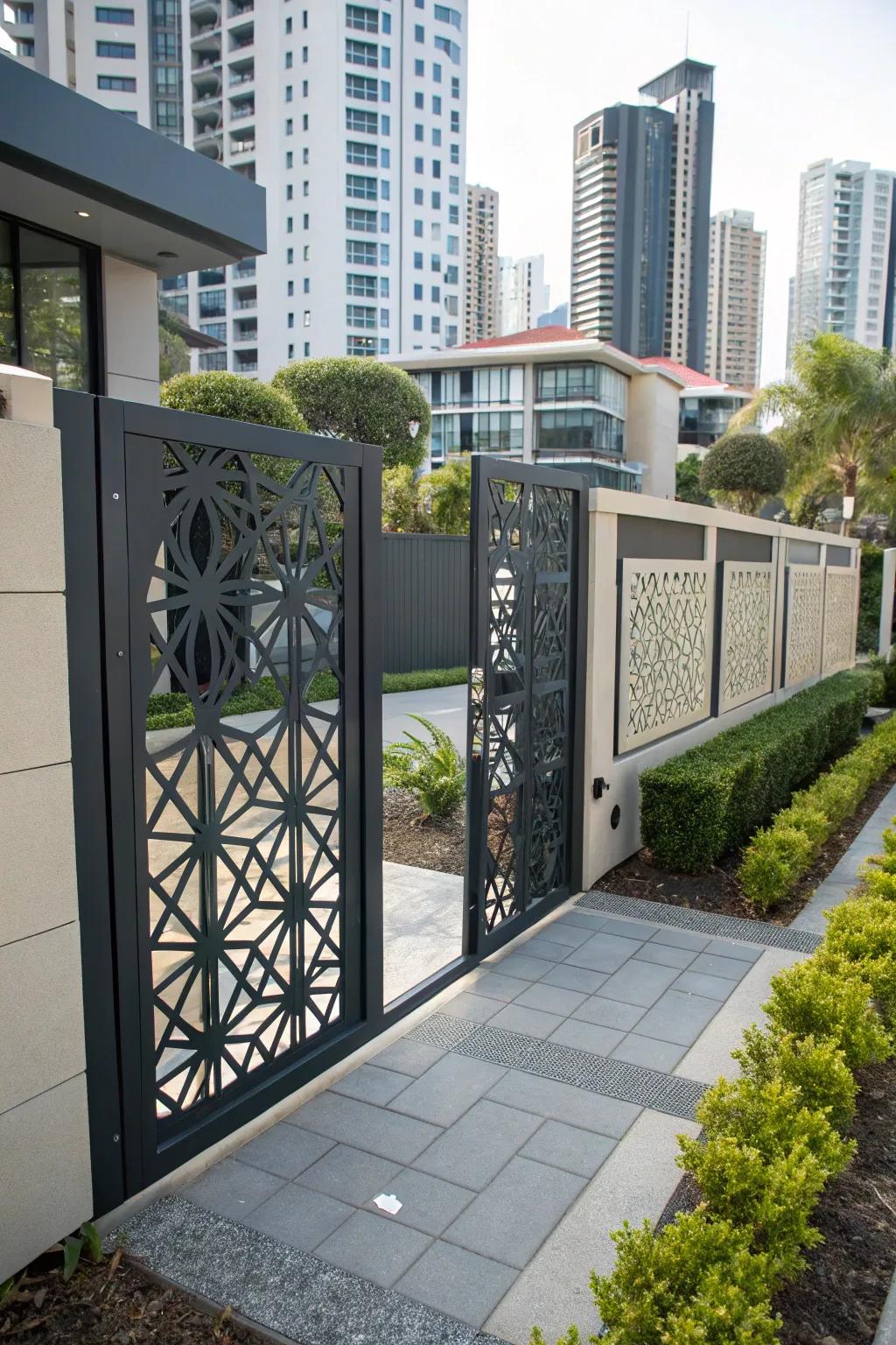 Geometric patterns bring an eye-catching touch to modern driveway gates.