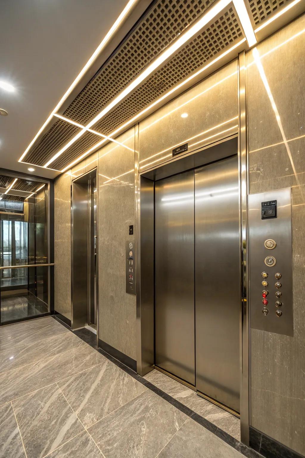 A lift interior showcasing radiant diode strip lighting to create a contemporary feel.