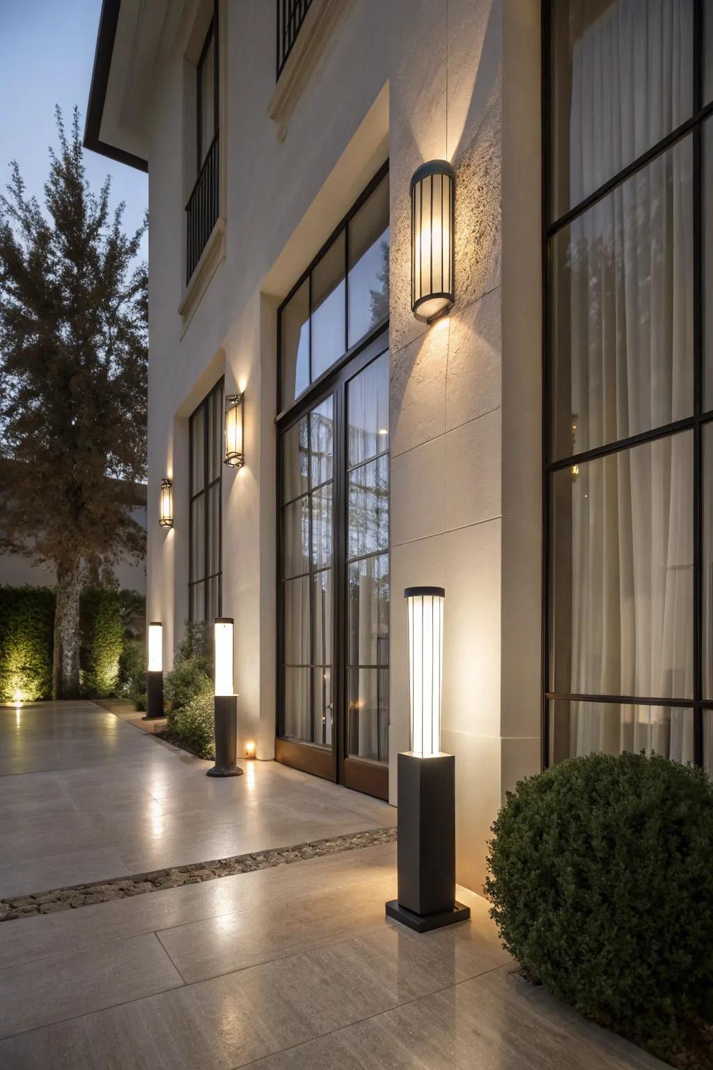 Creative lighting enhances the entryway’s flair and visibility.