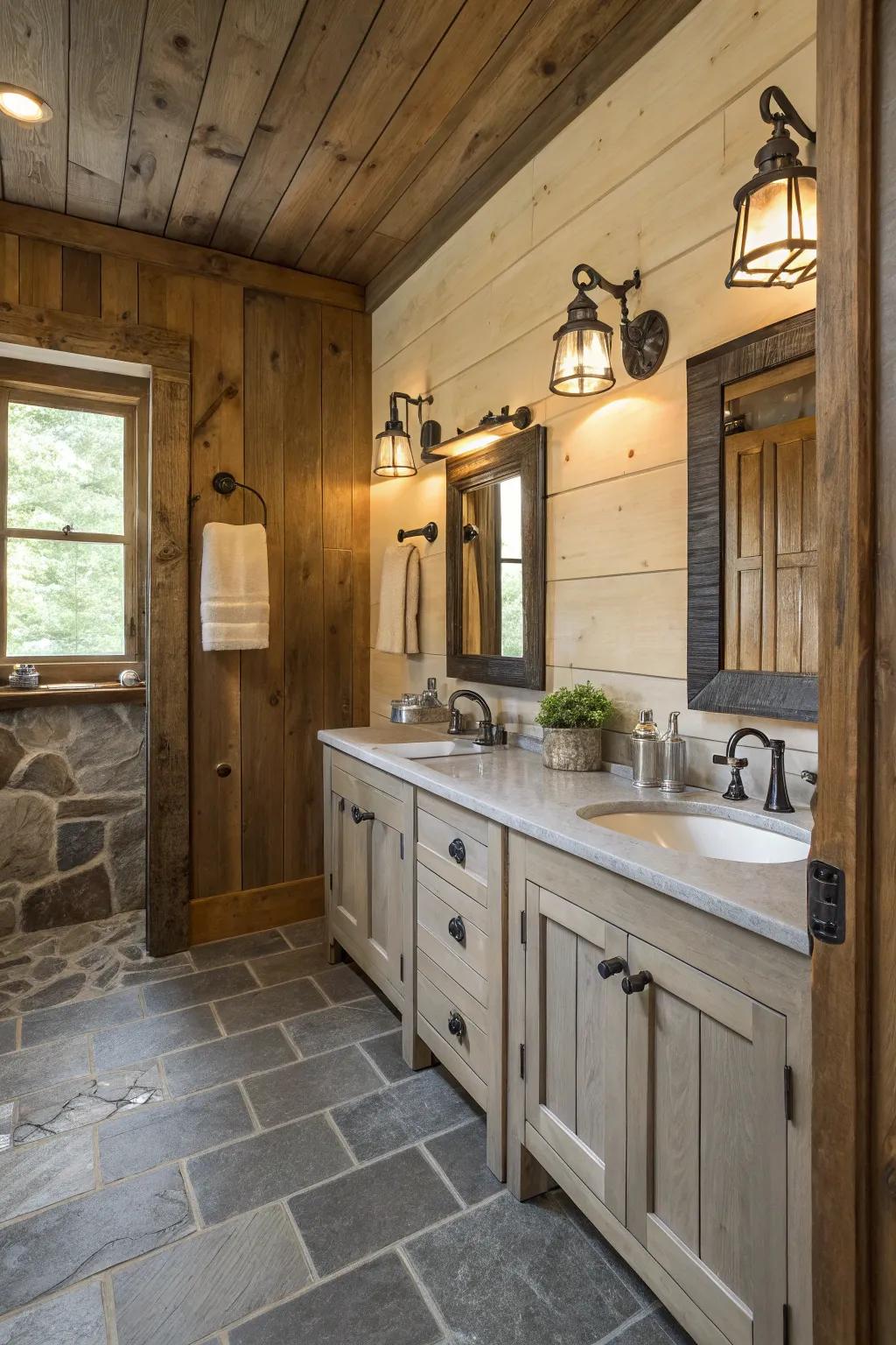 Factory-style sconces contribute vintage allure to this contemporary lavatory.