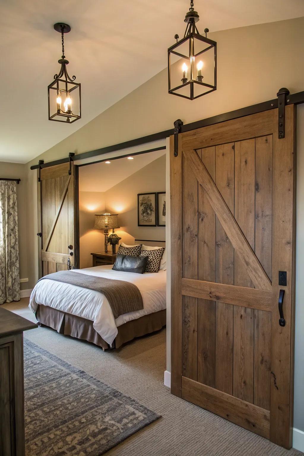 Farmhouse decorative pieces such as barn doors contribute rustic sophistication.
