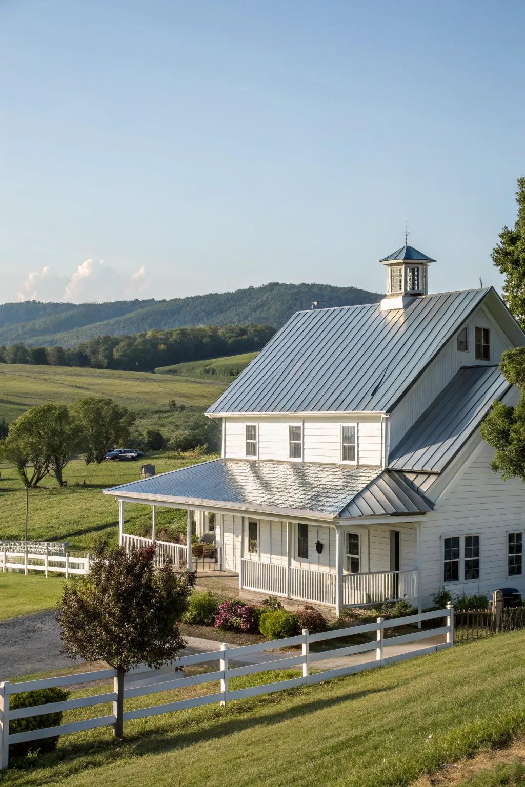 Refined sophistication: A farmhouse adorned with an upright seam metal roof.