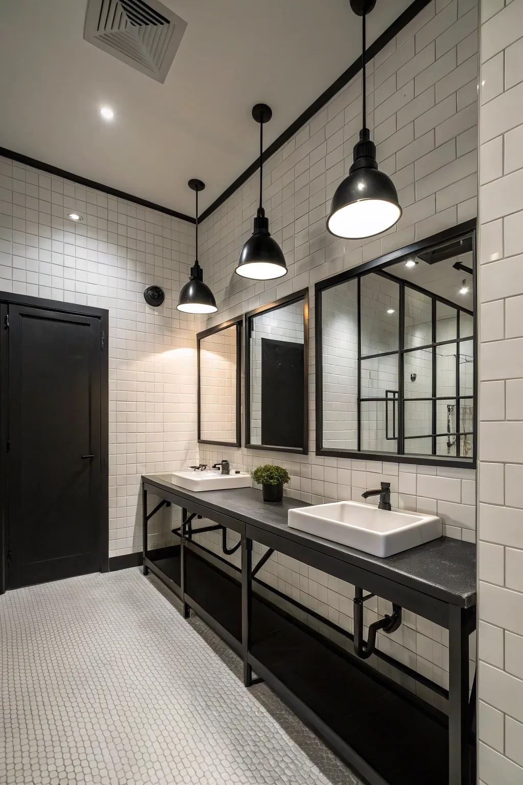 Industrial black lighting fixtures in a modern farmhouse powder room.