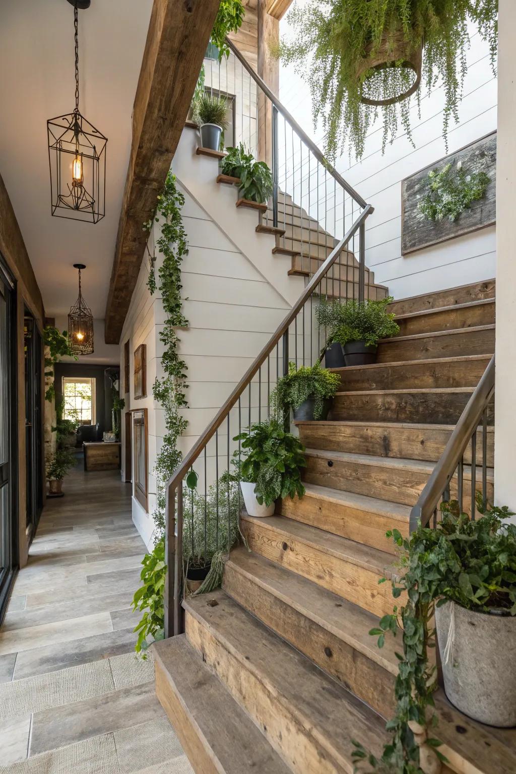 A staircase adorned with homespun embellishments and greenery, elevating its farmhouse appeal.