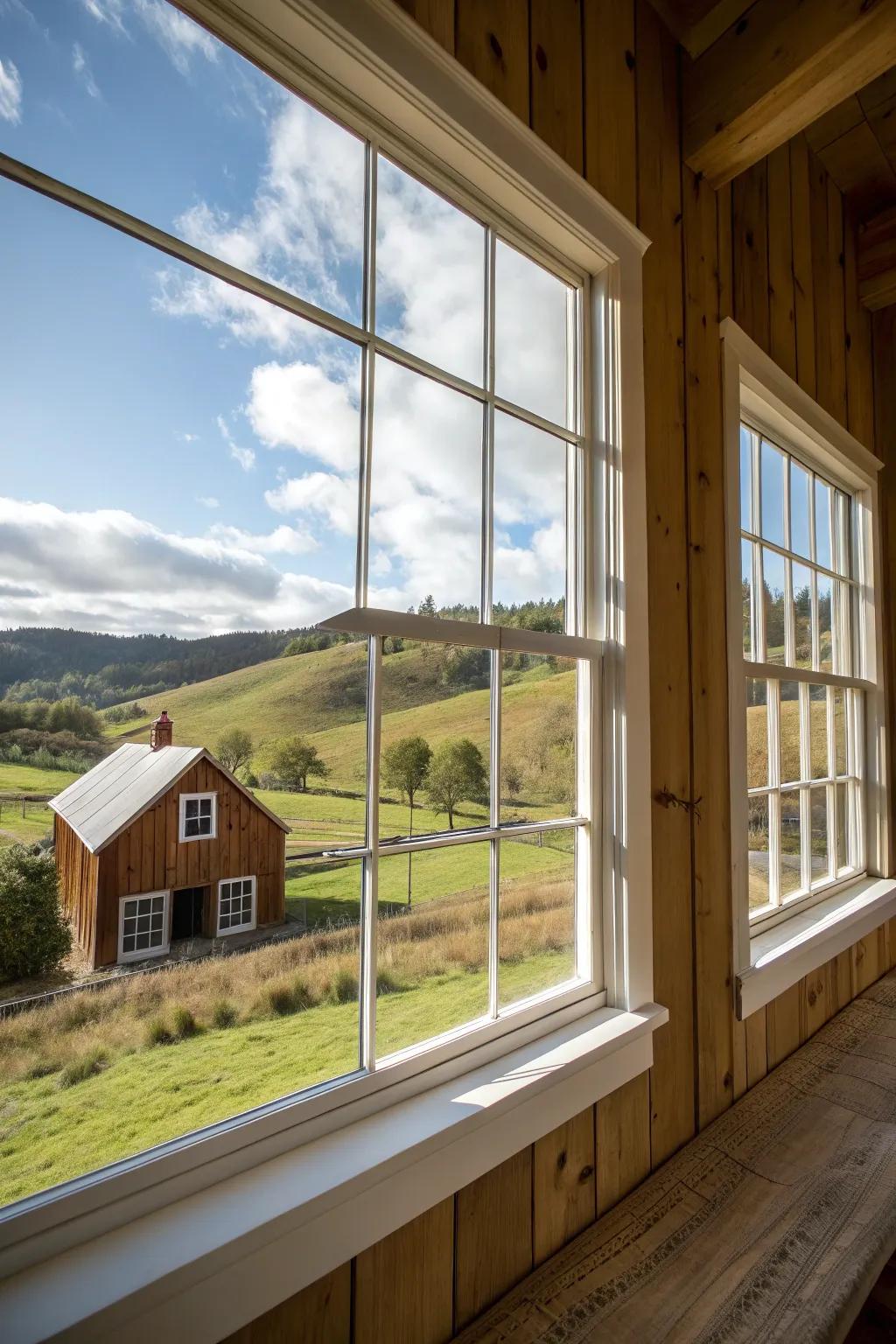 Expansive frames highlighting the window view in a farmhouse setting.
