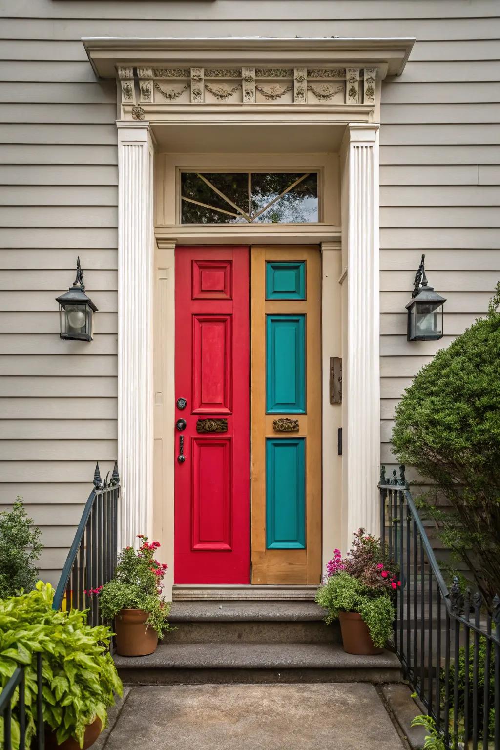 Establish a striking entrance using contrasting door colors.
