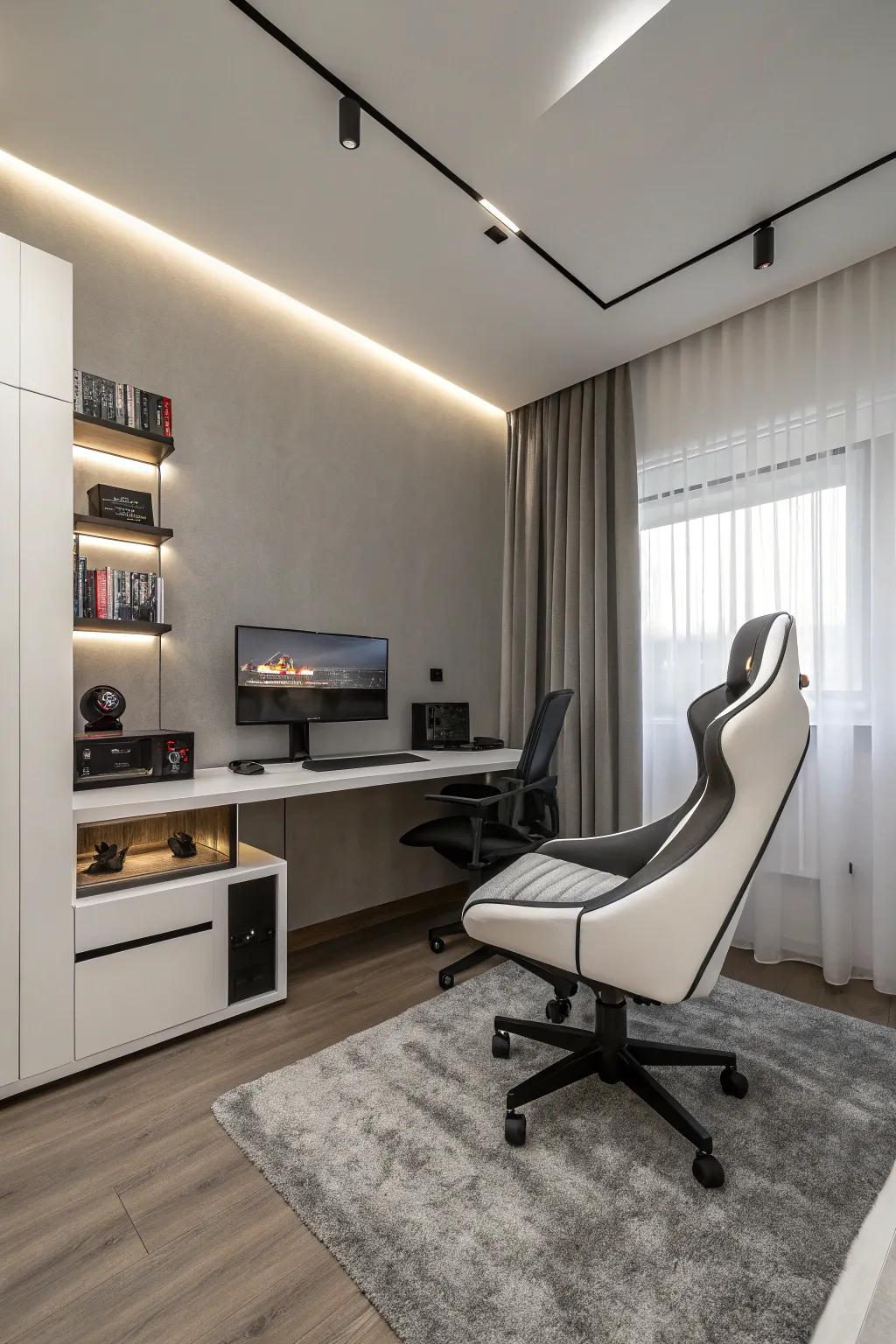 A minimalist gaming bedroom featuring elegant furnishings and a modern layout.