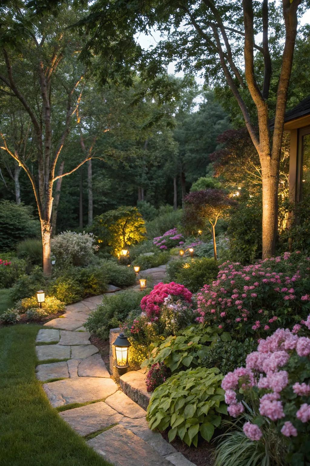 Integrated lighting creates an enchanting and welcoming garden setting.