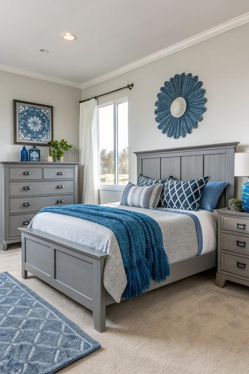 Modern pewter furnishings and azure accents combine for a fresh, modern bedroom.