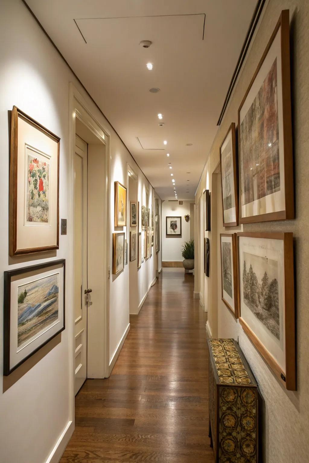 Art pieces infuse identity and personal flair into the hallway.