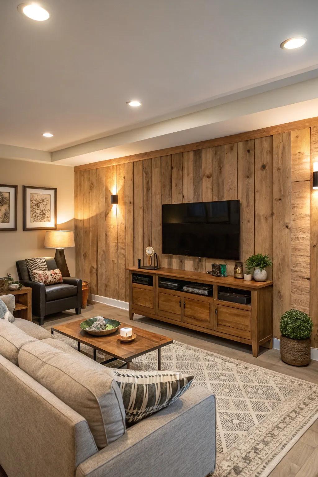 Organic timber paneling lends a sense of heat and countryside charm to a media wall.