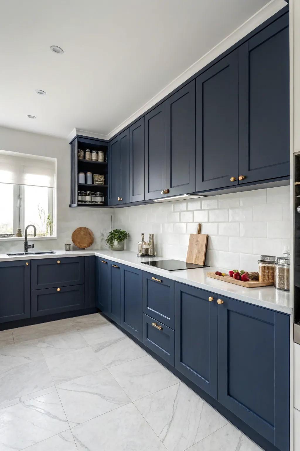 Simple deep sea cabinets provide a polished and contemporary cooking area design.