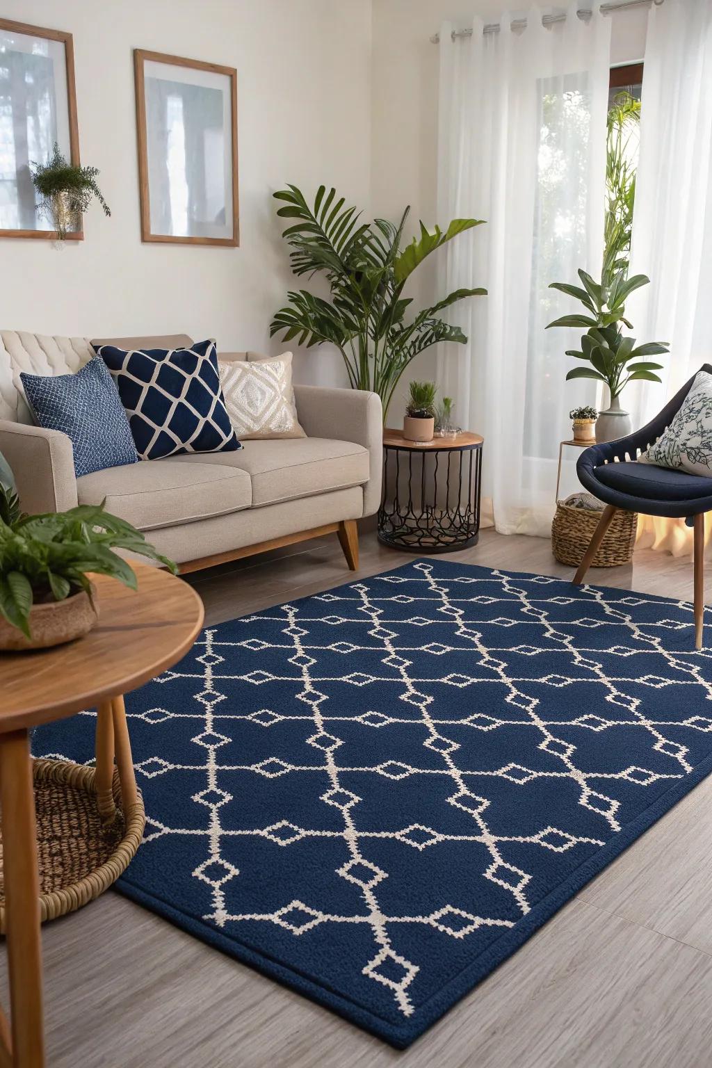 A patterned deep ground covering brings the room together beautifully.