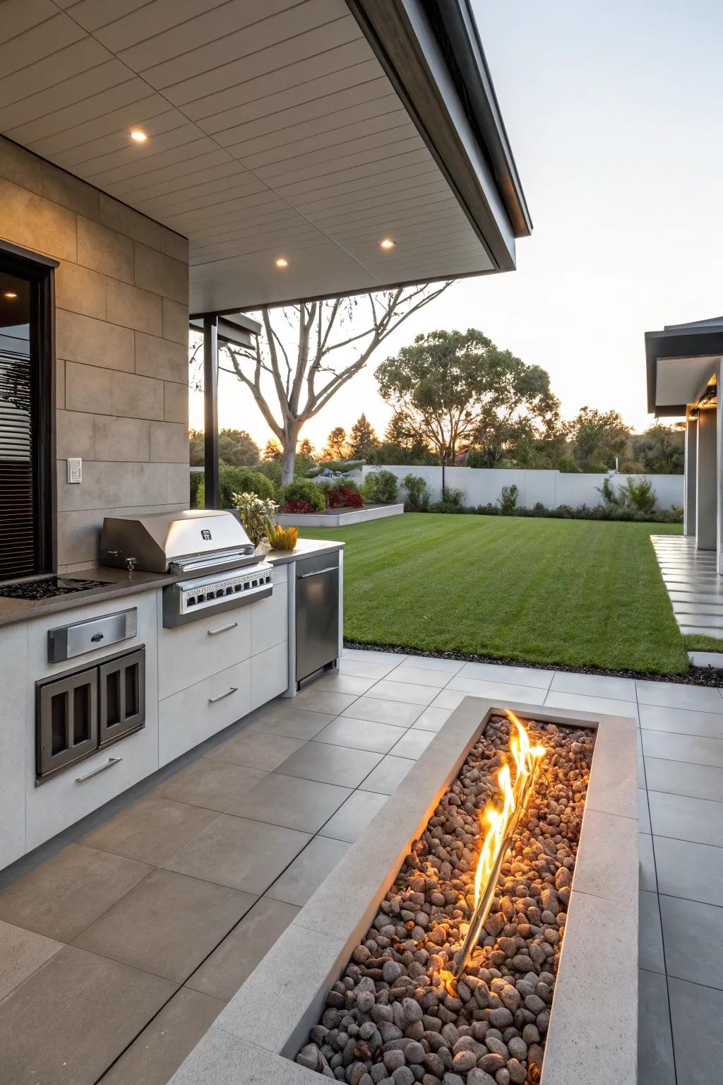 An inviting thermal hub that contributes warmth and atmosphere to outdoor assemblies.