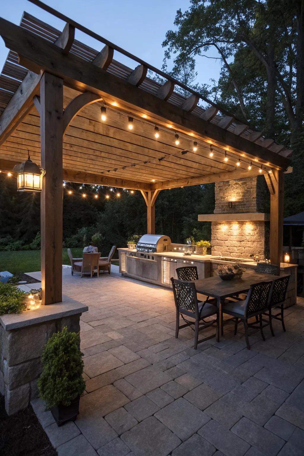 Pergola featuring integrated lighting for a cozy night-time ambiance.
