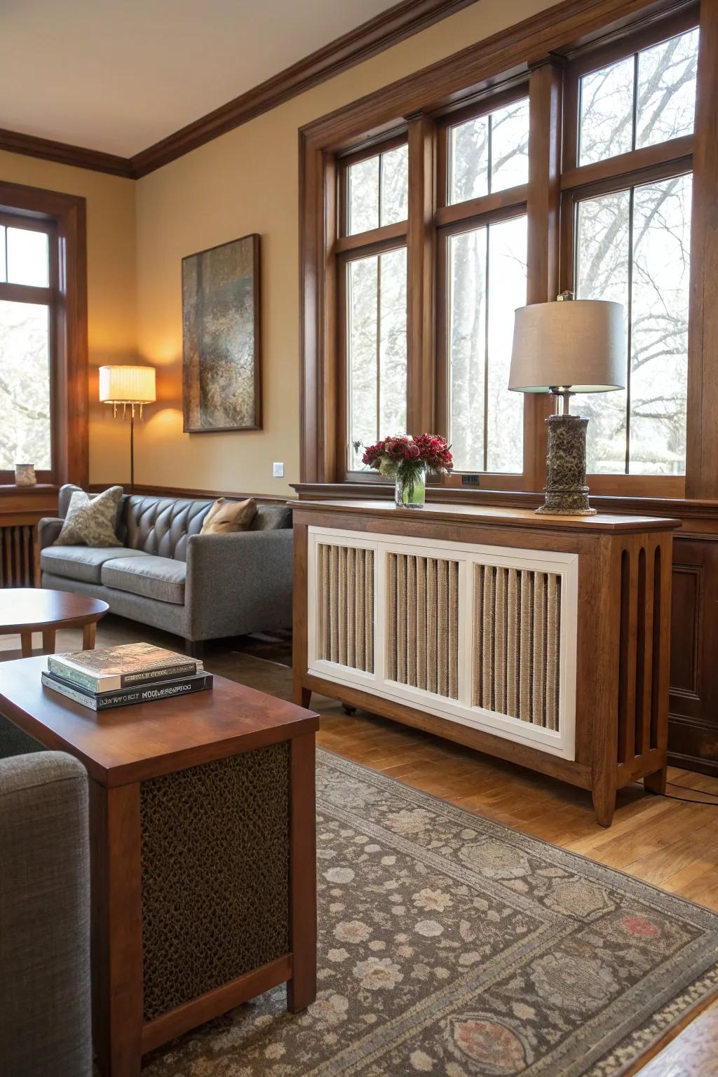 A mid-century modern living space that has a stylish radiator shield.