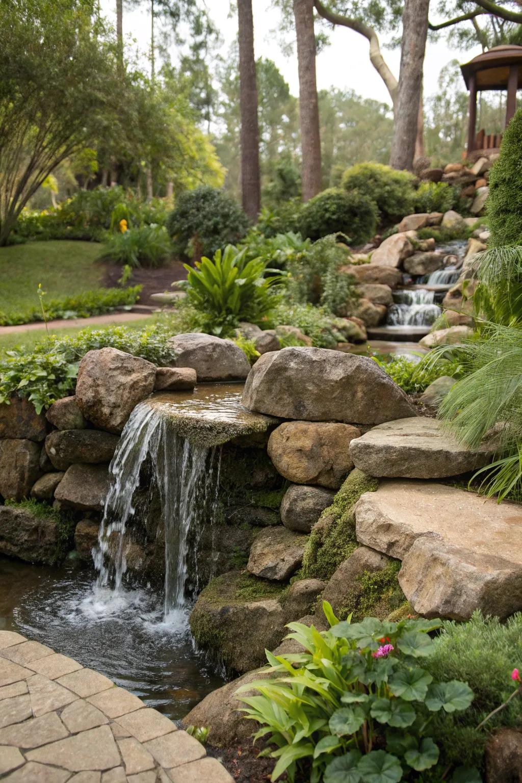 A rock cascade element infuses peace and movement into your garden.