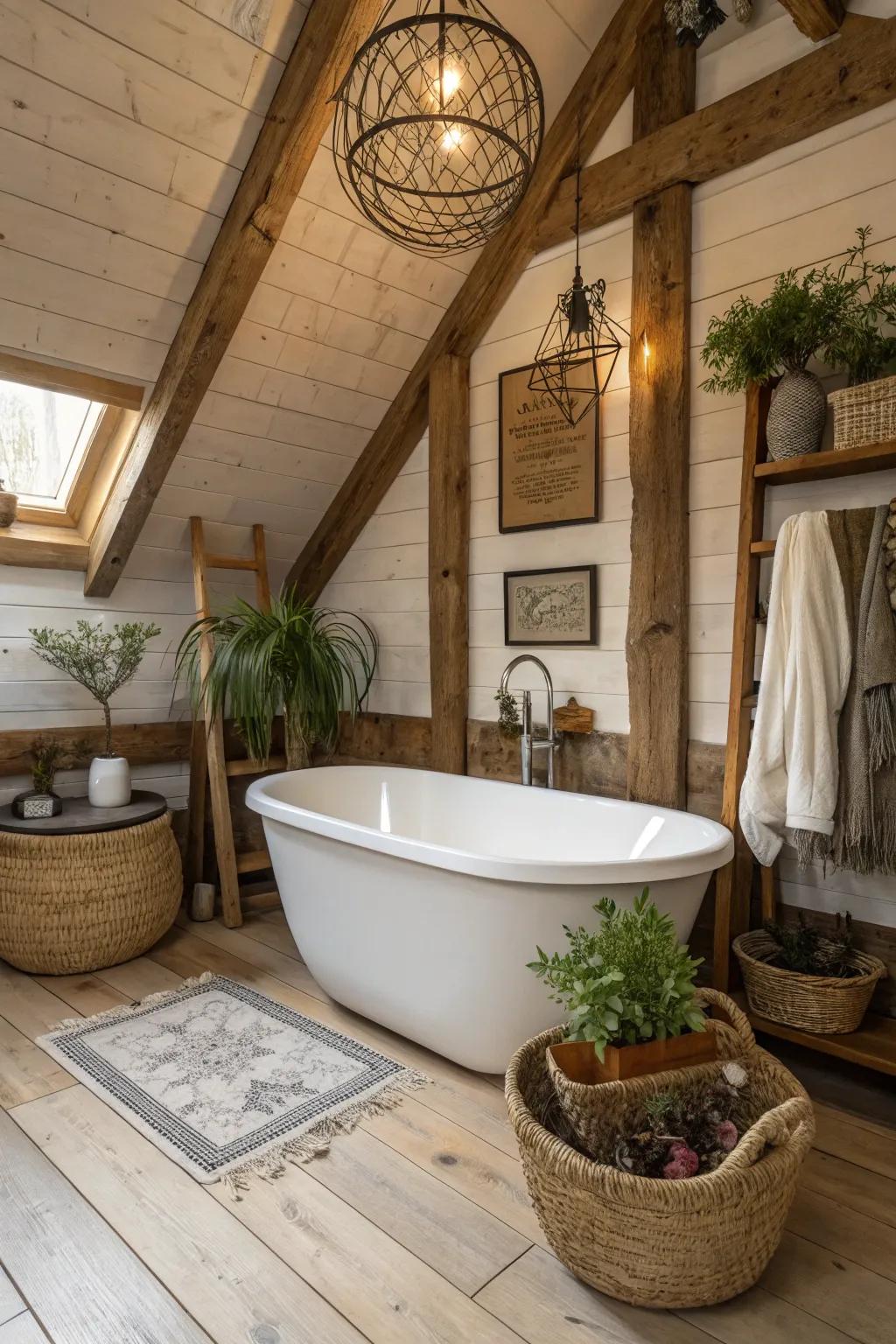 A standalone soaker as the prime, elegant feature inside a rustic washroom.