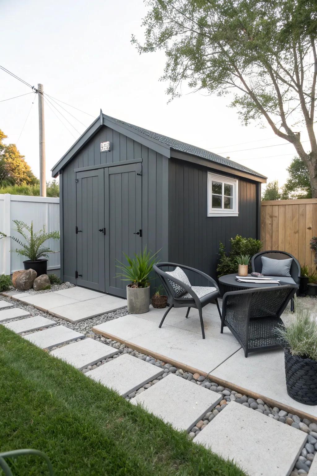 A modern dark gray shed that shines in style.