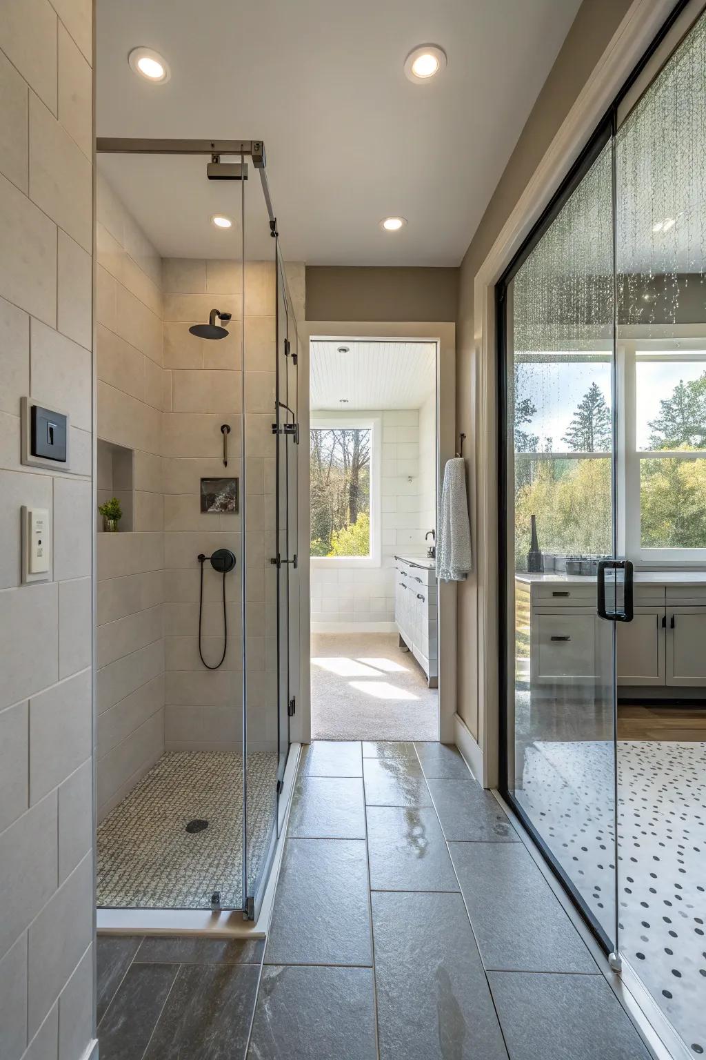 An expansive and modern entry shower featuring a smooth entrance.