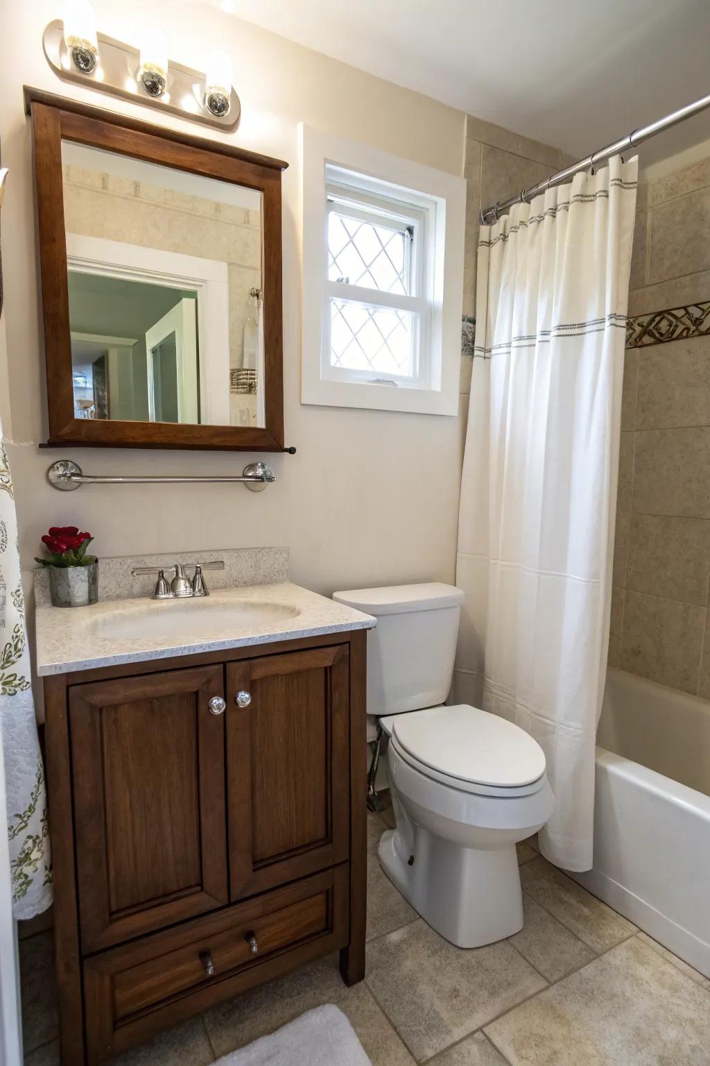 Space-optimized solutions in a compact bathroom facilitate maximization of its confines.