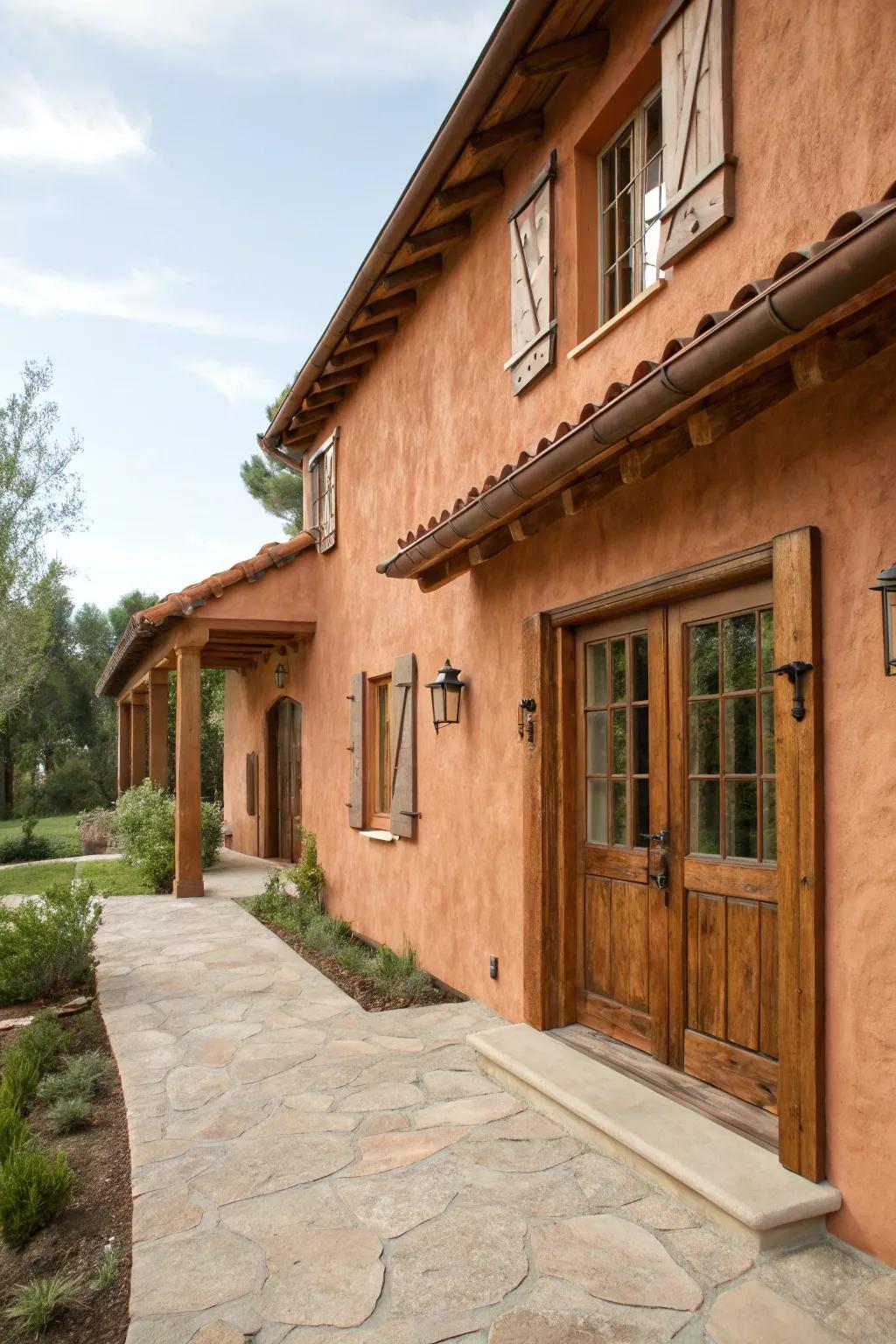 Welcoming clay stucco house featuring timber features.