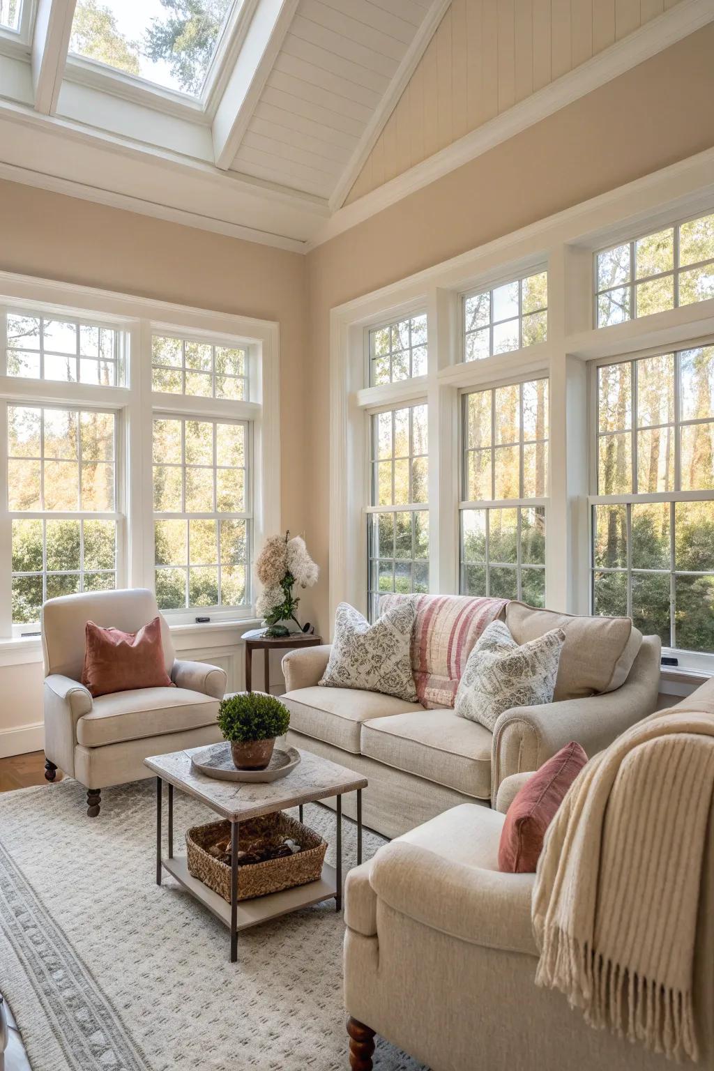 A soothing neutral color palette enhances the serenity of this sunroom.