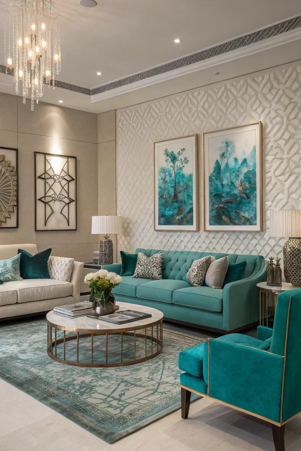 Teal-hued art pieces add personality and cohesion to the living space.