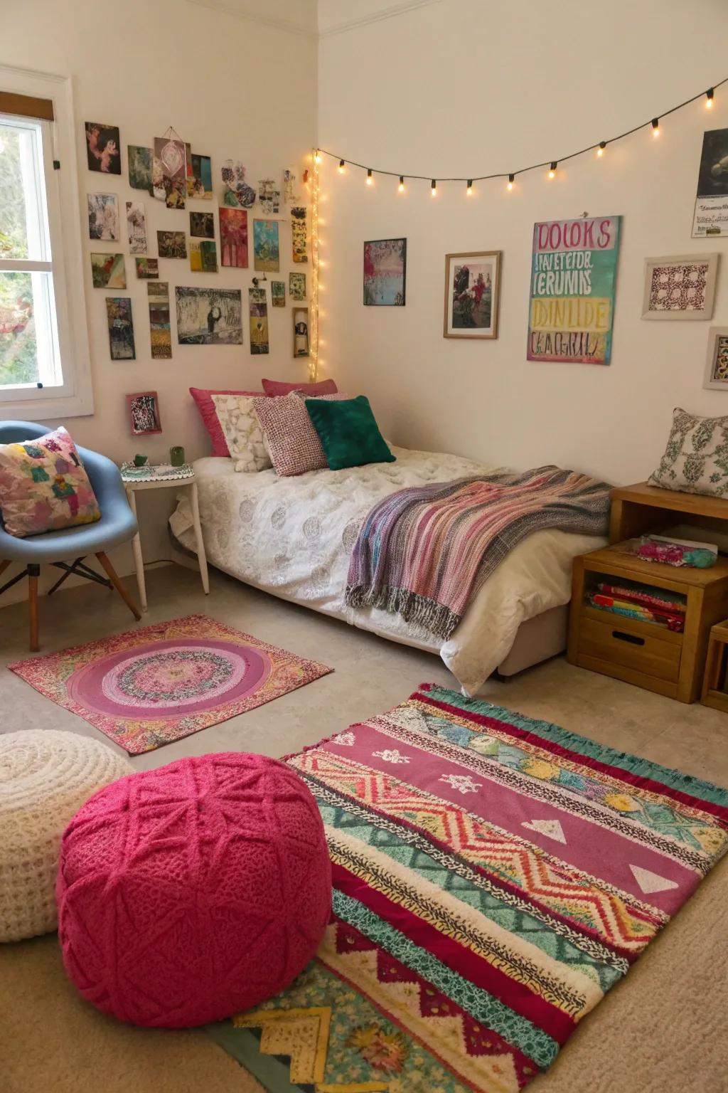 Overlapping fabrics enhance the warmth and panache of this bedroom.