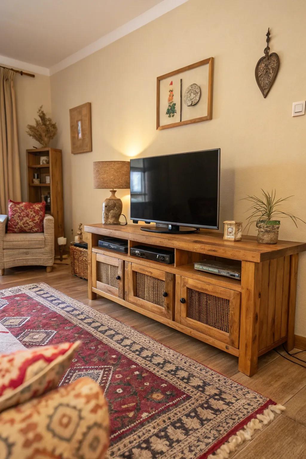 A natural wood TV stand bringing warmth to the room.