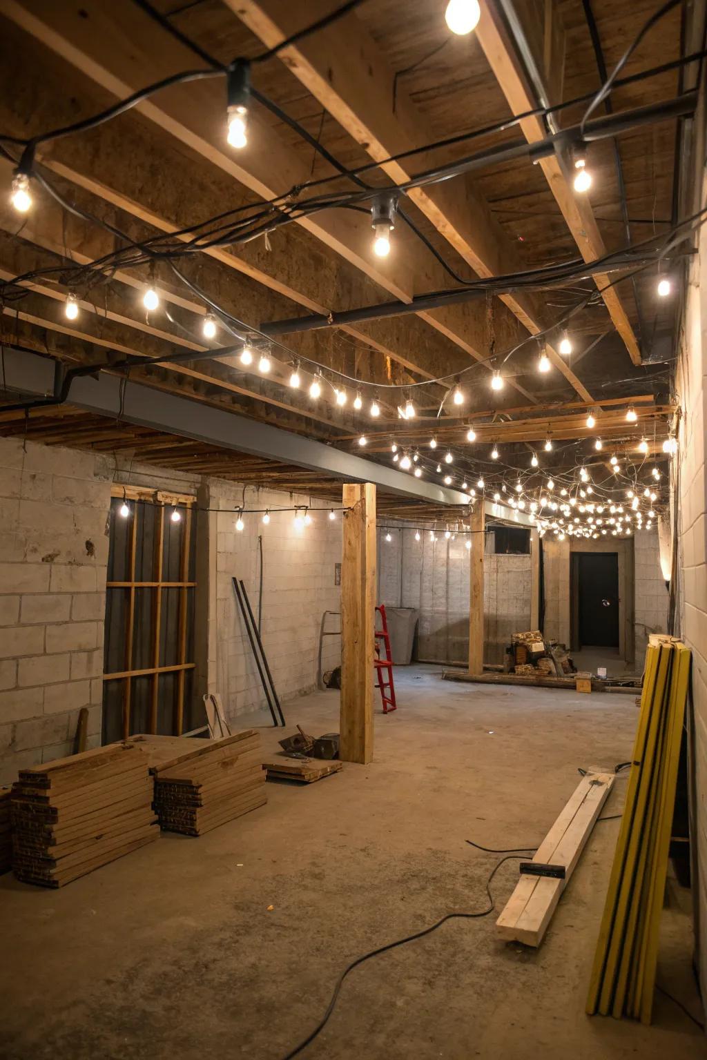 Innovative illumination dramatically changes the ambiance of an unfinished basement.